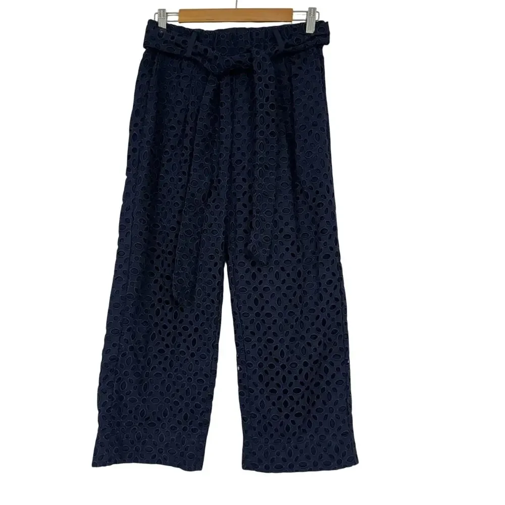 J Crew Blue Eyelet Wide Leg Trouser Dress Pants Womens 4 Tie Waist Cropped Boho